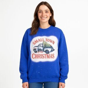 Handmade Christmas Sweatshirt L | Small Town Christmas Gildan Heavy Blend | Blue